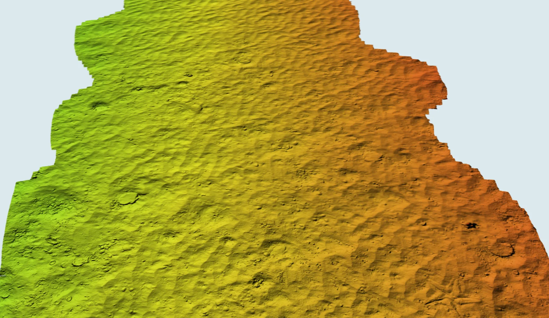 Photogrammetric 3D model of a scanned strip of seabed, colour-coded by elevation